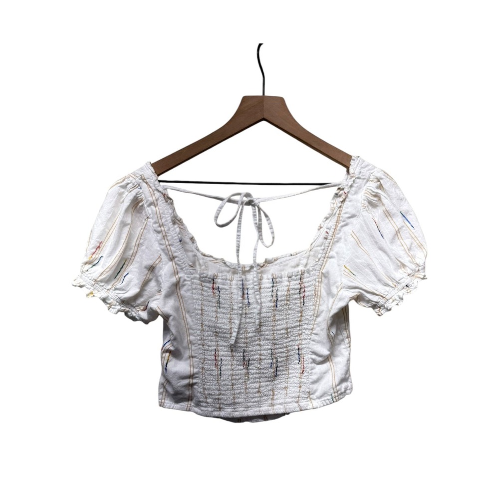 Free People Women Cropped Corset Smocked Top Sz S White Puff Sleeve Cottage Boho - Picture 3 of 7